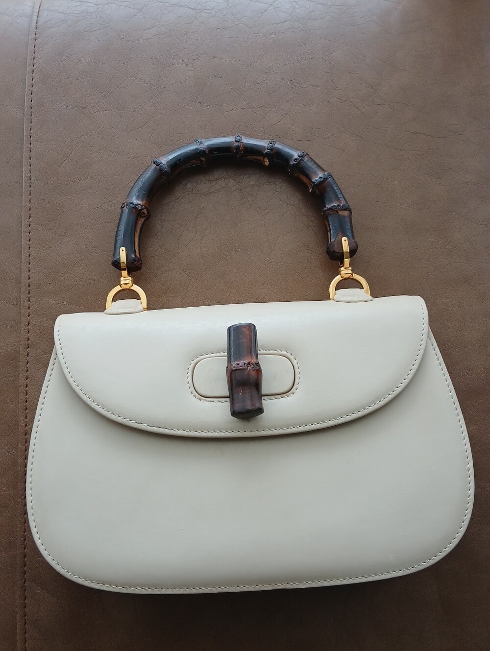 Gucci Cream Leather Bamboo Top Handle Bag with Dark Bamboo Accents